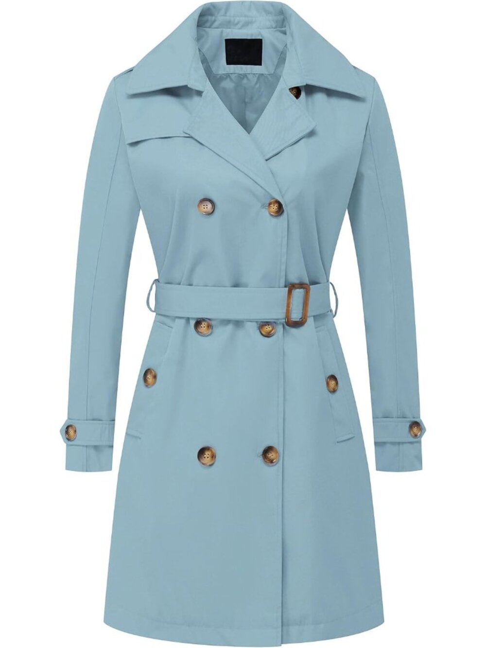 Womens Blue Detachable Hood Mid-Long Belted Double-Breasted Trench Rain Coat